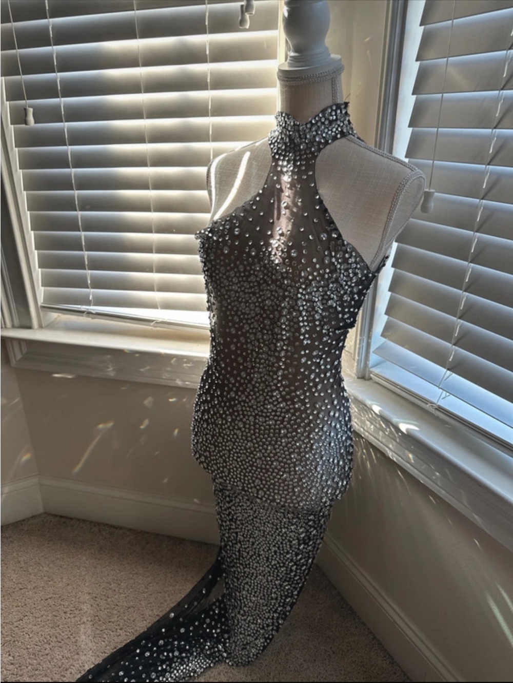 AKIRA Black Sheer Crystal Halter Evening Gown